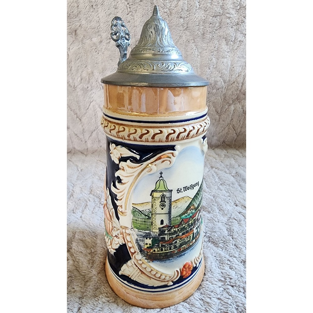 Vintage St. Wolfgang German Beer Stein Ceramic Relief Pewter Lid Cobalt Blue